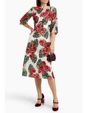 NEW DOLCE&GABBANA Floral Organza Midi Dress, White Red, IT 36